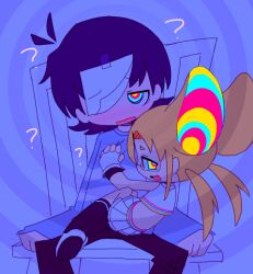  androgynous_sub animal_ears black_hair blonde_hair blush chair confused dazed evil_smile femdom glasses glowing glowing_eyes hug hypnosync kaa_eyes nezzie_(hypnosync) rat_girl seiro short_hair spiral_background tagme you_(hypnosync) 