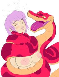  ayane_(dead_or_alive) blush breasts closed_eyes coils dazed dead_or_alive drool femsub imminent_vore large_breasts nipples original plsgts purple_hair saalim_(plsgts) short_hair snake topless 