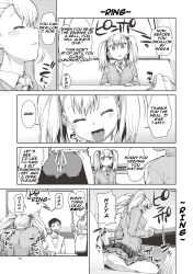 absurdres akitsuki_itsuki blonde_hair blush brother_and_sister comic femsub greyscale hard_translated incest kneeling maledom open_mouth original pussy_juice ribbon school_uniform table text tie translated trigger twintails
