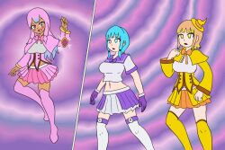  blue_eyes blue_hair dark_skin empty_eyes evelyn_(sonrio) evil_smile female_only femdom femsub floating gloves hat high_heels hypnotic_magic long_hair midriff multicolored_hair mythkaz olive_(sonrio) open_mouth orange_eyes orange_hair original pendulum pink_eyes pink_hair ring_background short_hair silvrain_(sonrio) skirt tied_hair 