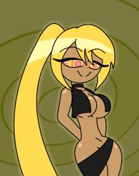 alternate_color_scheme alternate_costume androgynous_sub arms_behind_back aura bare_shoulders blonde_hair choker cleavage dark_skin eyebrows_visible_through_hair eyelashes femdom hourglass_figure hypnoscream kaa_eyes large_breasts looking_at_viewer midriff navel neru_akita open_clothes pov_sub ring_background shiny_hair shiny_skin side_ponytail skirt smile smug thighhighs underboob vest vocaloid wide_hips yellow_background yellow_eyes