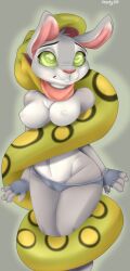  breasts bunny_girl chuckybb coils disney femsub furry imminent_vore judy_hopps kaa_eyes large_breasts maledom nipples open_mouth simple_background snake tongue tongue_out zootopia 