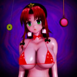 bikini_top braid empty_eyes green_eyes happy_trance hong_meiling long_hair pendulum red_hair ribbon tagme touhou uyunsyu_(manipper) video