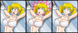  absurdres before_and_after blonde_hair blush bondage bra breasts cleavage empty_eyes expressionless eye_roll femsub large_breasts open_mouth original short_hair tears tech_control twintails underwear zorro-zero 