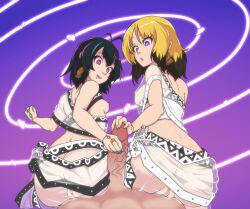 ahoge alice_(er-ikaa) ass black_hair blonde_hair blue_eyes blue_hair clothed clothed_exposure cosplay cult double_handjob drool earrings erect_nipples erection erika_(er-ikaa) femsub from_behind handjob happy_trance heart heart_eyes jewelry maledom multicolored_hair nail_polish open_mouth original penis pov pov_dom pussy red_eyes robe see-through sitting sitting_on_lap small_breasts spiral spiral_background surprised symbol_in_eyes thekinkyfinn utawarerumono_(series) 