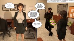  3d belt boots breasts brown_hair cleavage comic dialogue expressionless femsub hexxet huge_breasts isabel_lerry large_breasts maledom netorare office_lady short_hair skirt text the_gift 