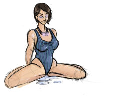  absurdres black_hair breasts female_only femsub goggles happy_trance hypnotic_accessory large_breasts mr_scade one-piece_swimsuit original pussy_juice short_hair sketch smile solo spiral_eyes spread_legs swimsuit symbol_in_eyes tech_control 