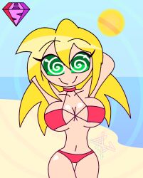  aged_up arms_above_head beach bikini blonde_hair capcom collarbone eyebrows_visible_through_hair eyelashes femsub green_eyes happy_trance hypnoscream large_breasts looking_at_viewer megaman_(series) megaman_legends_(series) midriff navel roll_caskett shiny_hair shiny_skin simple_background smile solo spiralwash_eyes thong watermark wide_hips 