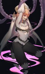  absurdres arms_above_head black_eyes blood corruption evil_smile fate/grand_order fate_(series) female_only gudako hooves horns kneeling monster_girl nic open_mouth red_hair ritsuka_fujimaru short_hair shub_niggurath simple_background spiral_eyes symbol_in_eyes tail tentacles tongue tongue_out wings 