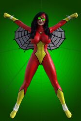 3d black_hair breasts costume female_only femsub green_eyes happy_trance jessica_drew large_breasts marvel_comics solo spider-woman spiderweb super_hero theheckle