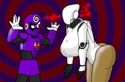  absurdres ass breasts clothed electricity expressionless faceless femsub haydee haydee_(game) huge_ass huge_breasts hypnoman_(silver) leaning_forward maledom original purple_skin red_eyes robot robot_boy robot_girl silver simple_background sitting slouching spiral spiral_background standing white_skin 