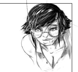 breasts callie_(inkbean) drool empty_eyes female_only femsub glasses greyscale happy_trance inkbean large_breasts original short_hair smile