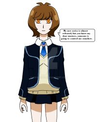 brown_hair doudile empty_eyes expressionless female_only femsub looking_at_viewer orange_eyes school_uniform short_hair skye_zaizen standing standing_at_attention text watermark white_background yu-gi-oh! yu-gi-oh!_vrains