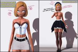  3d absurdres before_and_after blue_eyes breasts choker empty_eyes eyeshadow female_only femsub garter_straps high_heels koikatsu_sunshine! maid maid_headdress makeup maledom midriff navel nipples open_mouth skirt smile speech_bubble spiral standing standing_at_attention tagme text thighhighs topless xanamind 