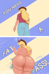  absurdres applejack ass ass_expansion before_and_after bimboannon bimbofication blonde_hair breasts cowboy_hat cowgirl equestria_girls femsub huge_ass huge_breasts jeans muscle_girl my_little_pony ponytail pussy text thick_thighs torn_clothes transformation 