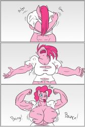  breast_expansion breasts breasts_outside clock-face comic flexing furry horse_girl huge_breasts long_hair memetic_control muscle_girl my_little_pony open_clothes original pinkie_pie short_hair text tongue tongue_out torn_clothes transformation 