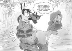  ass breasts disney erection erection_under_clothes forest goof_troop greyscale kaa kaa_eyes max_goof roxanne_(goof_troop) senshi05 sketch the_jungle_book threesome 