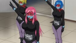 blonde_hair blue_hair corruption empty_eyes enemy_conversion femsub huge_breasts kamen_rider pink_hair saluting screenshot tagme tojima_want_to_be_a_kamen_rider