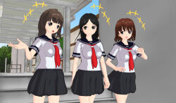 3d 3d_custom_girl black_hair brown_hair multiple_girls original school_uniform