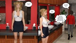  3d after_sex ally_rivers bare_shoulders blonde_hair brown_hair cleavage collarbone comic cum_on_face expressionless femsub hexxet large_breasts long_hair maledom short_hair skirt text the_gift 