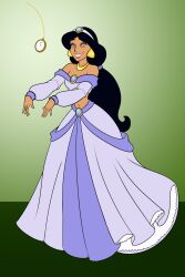  absurdres aladdin_(series) bare_shoulders black_hair disney dress earrings eyeshadow femsub gradient_background happy_trance jewelry katsiika lipstick makeup midriff navel necklace pendulum pocket_watch princess_jasmine simple_background smile spiralwash_eyes very_long_hair zombie_walk 