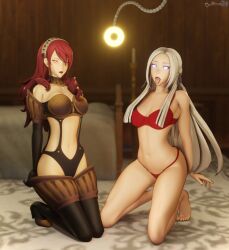 3d bare_legs barefoot bedroom bikini bikini_armor coin collarbone crossover dochaunt edelgard_von_hresvelg expressionless femsub fire_emblem fire_emblem_three_houses gloves glowing_eyes hair_band hair_ribbon heavy_eyelids high_heels kneeling large_breasts long_hair mitsuru_kirijo multiple_girls multiple_subs navel nintendo open_mouth opera_gloves pendulum persona_(series) persona_3 pink_eyes red_eyes red_hair signature thighhighs tongue tongue_out very_long_hair white_hair