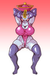 arms_above_head breasts brown_eyes capcom darkstalkers happy_trance hat hsien-ko huge_breasts jiangshi leotard oppaotintin pale_skin purple_hair short_hair smile squatting swimsuit talisman thighhighs