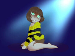  androgynous androgynous_sub artist_request bandage barefoot brown_hair clothed collarbone drool frisk_(undertale) green_eyes kneeling short_hair shorts simple_background smile sweater tears undertale 