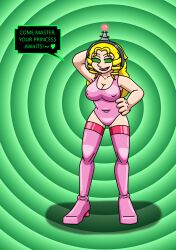 absurdres antenna blonde_hair breasts cleavage erect_nipples fembot femsub happy_trance headphones hypnotic_accessory large_breasts latex long_hair open_mouth original princess princess_caelia_(kachopper9) robotization smile spiral_eyes supertechno324 symbol_in_eyes tech_control text thighhighs
