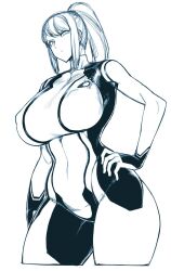 bodysuit breasts erect_nipples female_only femsub greyscale hand_on_hip icontrol_(manipper) large_breasts looking_at_viewer manip metroid_(series) nintendo ponytail samus_aran simple_background smile solo space_jin spiral_eyes symbol_in_eyes thighs zero_suit