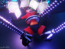  3d absurdres bodysuit brown_hair disney dochaunt elastigirl eye_mask gloves glowing glowing_eyes helen_parr large_breasts latex mechanical_arm milf pixar restrained spiral spiral_eyes the_incredibles thick_thighs tight_clothing tongue tongue_out watermark 