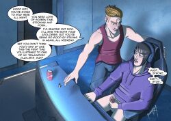  blonde_hair boomersm bottomless brown_hair computer dialogue drugs english_text erection headphones hoodie hypnotic_audio male_only maledom malesub masturbation original penis precum speech_bubble text vest yaoi 