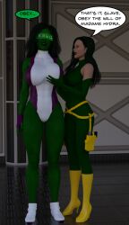 3d breasts costume dialogue female_only femdom femsub green_hair happy_trance large_breasts madame_hydra marvel_comics she-hulk super_hero symbol_in_eyes tech_control text theheckle visor