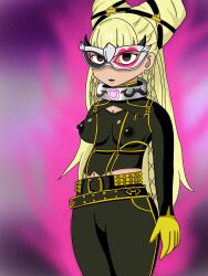  alternate_costume aura black_lipstick blonde_hair breasts cleavage cleavage_cutout collar earrings empty_eyes erect_nipples erect_nipples_under_clothes expressionless eye_mask female_only femsub gloves glowing jewelry kayo_tomiyama lipstick lipstick_mark makeup mask milf navel persona_(series) persona_5 persona_5_tactica persona_5_the_phantom_x pumpkin_cola standing standing_at_attention very_long_hair 