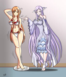  alerith alternate_costume arms_above_head asuna bare_legs bare_shoulders barefoot bikini bikini_bottom bikini_top blush breasts clothed dollification dress empty_eyes female_only femdom femsub happy_trance large_breasts legs looking_at_viewer mannequin midriff navel orange_hair posing purple_hair quinella smile smirk smug sword_art_online thighs very_long_hair 