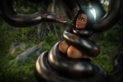 3d blush breasts brown_hair coils dialogue disney erect_nipples femsub fowgli_(lompich) happy_trance kaa kaa_eyes large_breasts lompich maledom mole nude original outdoors smile snake tagme text the_jungle_book