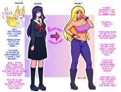 before_and_after bimbofication blonde_hair blue_eyes breast_expansion corruption fanterfane femsub fox_girl ghost makeup midriff nail_polish original possession punk purple_hair red_eyes text