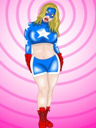 absurdres ahegao bimbofication blonde_hair blue_eyes boots breasts corruption crossed_eyes dc_comics female_only femsub gloves large_breasts long_hair open_mouth saltygauntlet solo spiral standing standing_at_attention stargirl super_hero thick_thighs tongue tongue_out 