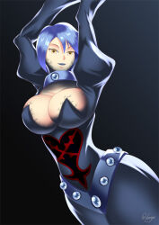 aqua_(kingdom_hearts) blue_hair breasts cleavage corruption empty_eyes enemy_conversion gradient_background hadant heartless kingdom_hearts large_breasts lipstick makeup short_hair signature simple_background solo yellow_eyes