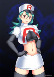 breasts corruption empty_eyes enemy_conversion female_only femsub gloves green_hair hadant happy_trance hat large_breasts midriff nintendo officer_jenny opera_gloves pokemon pokemon_(anime) short_hair signature simple_background solo team_rocket thighhighs watermark