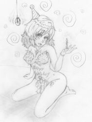 absurdres birthday blush bottomless breasts cake candle coin empty_eyes erika_(er-ikaa) eshie female_only femsub food happy_trance multicolored_hair nude open_mouth original pendulum short_hair sketch topless traditional