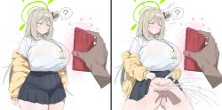 blonde_hair blue_archive citizen_k clothed confused eye_color_chang femsub fingering huge_breasts maledom nonomi_(blue_archive) orgasm phone pink_eyes simple_background skirt skirt_lift squirting sweat white_background yellow_eyes