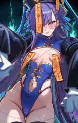 absurdres blue_eyes breasts cameltoe clothed_exposure ebora eyelashes fate/extra fate/extra_ccc fate/grand_order fate_(series) femsub glowing hair_buns hair_ribbon hat jiangshi licking_lips long_hair looking_at_viewer magic meltryllis naughty_face naughty_smile navel o-nine purple_hair ribbon small_breasts smile solo talisman text thigh_gap thighs tongue_out undead_girl very_long_hair