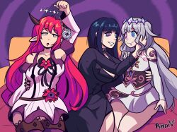  bare_shoulders bijou_koseki black_hair blue_hair bottomless choker collarbone corset dress elf_ears eyebrows_visible_through_hair female_only femdom femsub flower halo happy_trance headdress hololive hololive_english horns hypnotist_(mafia_42) irys_(hololive) jewelry kaa_eyes large_breasts long_hair mafia_42 multiple_girls multiple_subs open_mouth original pendulum psyfly purple_background purple_hair red_hair self_hypnosis sitting skirt smile spiral spiral_background spiral_eyes spiralwash_eyes thighhighs virtual_youtuber yuri 