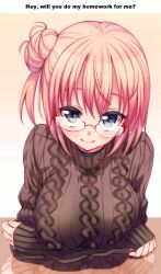  akino_sora animated animated_gif blush breasts femdom glasses grey_eyes huge_breasts hypnotic_breasts long_hair looking_at_viewer manip my_youth_romantic_comedy_is_wrong_as_i_expected pink_hair pov pov_sub smile solo stroke_(manipper) sweater table text yui_yuigahama 