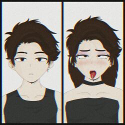 ahegao androgynous before_and_after blush brown_hair choker crossdressing crossed_eyes dreart drool earrings feminization jewelry long_hair male_only malesub open_mouth original short_hair transformation transgender trap