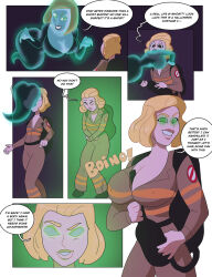 blonde_hair breasts brown_eyes carrigan_crittenden casper cleavage comic cosplay dialogue erect_nipples evil_smile female_only femdom ghost ghost_girl ghostbusters glowing glowing_eyes green_eyes huge_breasts possession slb smile text transformation