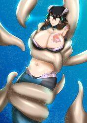  absurdres bikini bloodstained_ritual_of_the_night breasts fish_girl glowing glowing_eyes hair_ornament horns hypnotic_tentacle large_breasts mermaid midriff miriam_(bloodstained) spiral_eyes symbol_in_eyes tattoo tentacles underwater usagiforehead 