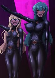 aoi_tabane belt blonde_hair blue_eyes blue_hair blush bodysuit breasts corruption erect_nipples_under_clothes gloves kaoruko_tenkawa large_breasts long_hair looking_up_to_magical_girls open_mouth red_eyes saluting sayo_minakami small_breasts standing tongue tongue_out transformation