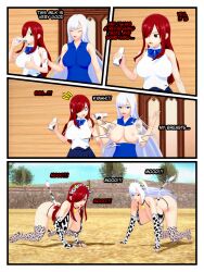  3d ass before_and_after breast_expansion breasts cow_girl dialogue empty_eyes erza_scarlet fairy_tail femsub long_hair milk nipples original red_hair tail takazumishan text transformation white_hair 